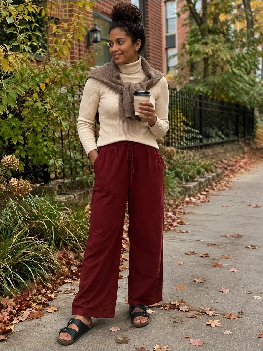 H&M Linen Blend Wide Leg Pull On Pants Burgundy Medium Elastic Waist Pockets